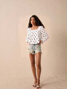 Muvela Áo blouse nữ tay dài họa tiết chấm bi, gấu bèo nhún, phong cách Pháp thanh lịch dễ thương, sang trọng lịch sự, phù hợp đi làm công sở, mùa Thu/Đông, Giáng sinh, tựu trường, đi brunch - Nhiều màu - Xem 4