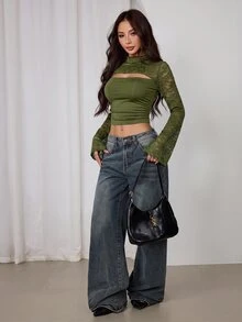 SHEIN PETITE Women's Contrast Lace Hollow Design Long Sleeve Slim Fit Top - Army Green - View 11