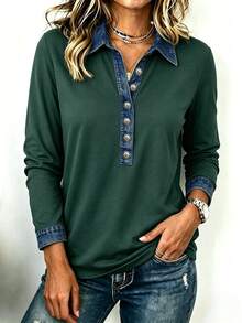 EMERY ROSE 熱銷推薦休閒設計仿丹寧拼接配色 Polo 領女款長袖上衣，適合日常購物、約會與通勤，開學季穿搭，寬鬆顯瘦，四季百搭 - 綠色 - 查看 7