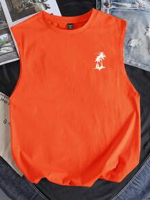 FROVYX Orange Letter & Palm Tree Print Men's Tank Top - Orange - View 2