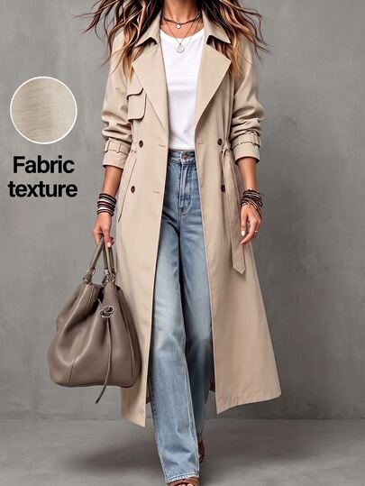 LUMIGAL Women's Khaki Trench Coat, Double Breasted Lapel Collar, Belted Waist, Adjustable Cuffs, Lightweight Windbreaker, Casual Outerwear For Spring Autumn D