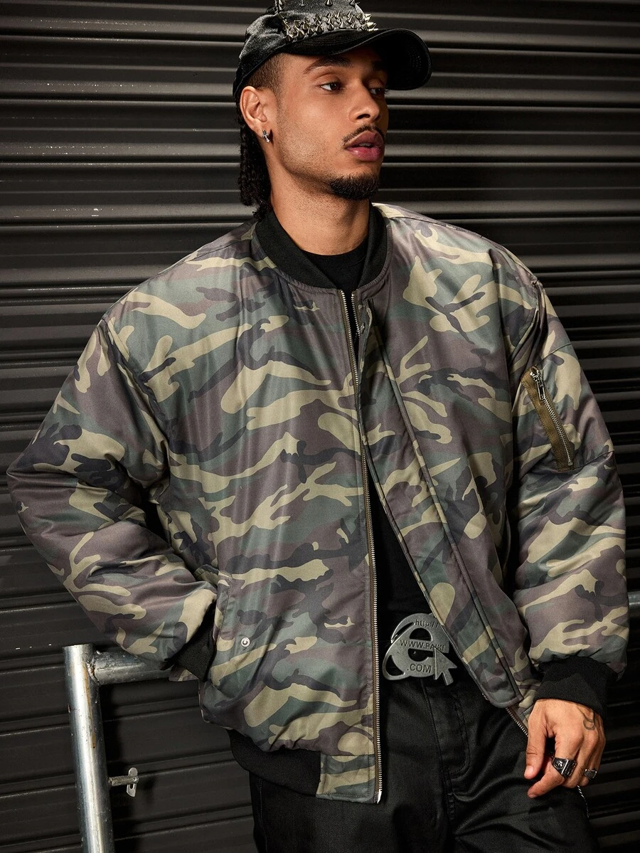 ROMWE MEN Street Life Jaket Musim Dingin Pria Model Baseball Kerah Kamuflase dengan Resleting - Hijau - View 1