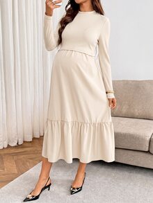SHEIN Nursing Long Sleeve Minimalist Pleated Dress - Apricot - View 5