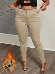 SHEIN ICON 大尺碼女款高腰口袋修身休閒百搭牛仔褲 - 卡其色 - 查看 1