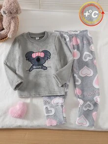 Girls' Koala Embroidery & Heart Print Long Sleeve Plush Pajama Set, Fleece Lounge Wear - Baby Blue - View 4