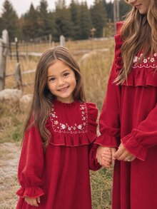 Emery Rose Kids Emery Rose Kids 少女編織素色花卉圖案荷葉邊休閒洋裝 - 紅色 - 查看 9