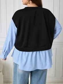 SHEIN CURVE+ Women's Plus Size Striped Patchwork 2 In 1 Shirt Sweatshirt, Casual Loose Fit Top For Autumn/Winter, Suitable For 5XL-8XL - Black - View 2