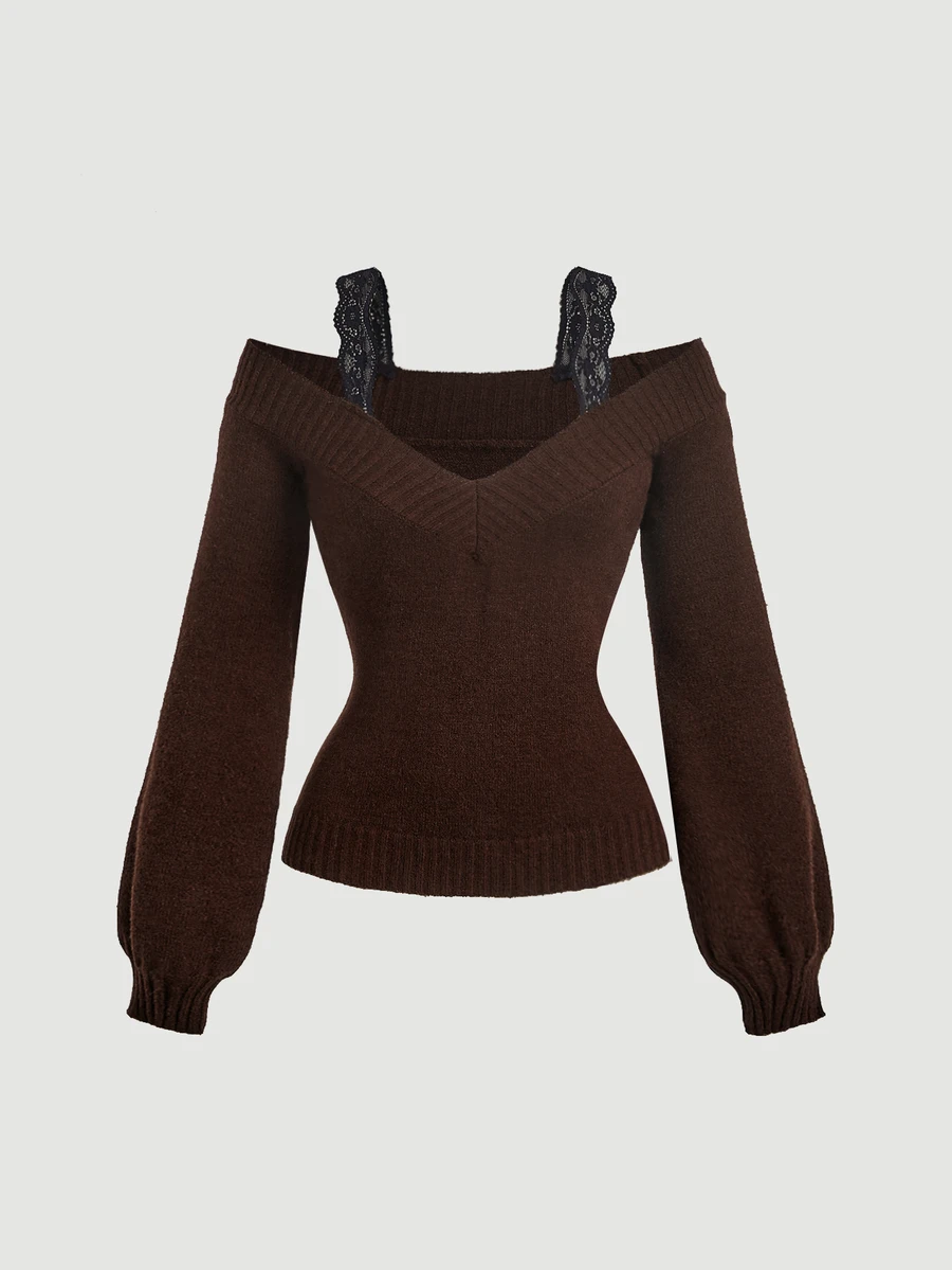 SHEIN MOD 女款黑色蕾絲 2 合 1 灰色毛衣 秋冬款 - 棕色 - 查看 1