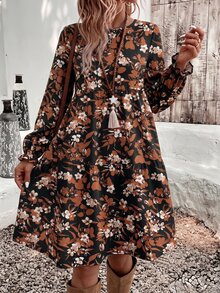 SHEIN VCAY 女款大尺碼長袖迷你洋裝－碎花圖案、燈籠袖－適合休閒、度假與外出穿著的優雅風格－秋冬時尚 - 彩色 - 查看 4