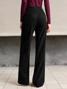 MOTF PREMIUM Celana Panjang Wanita Model Lurus dengan Dekorasi Logam dan Bahan PU, Musim Gugur/Musim Dingin - Hitam - View 7