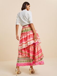 LOTSLUV Women's Autumn Elegant Commute Outfit, Colorful Striped Contrast Patchwork Multi-Layer Ruffle Hem, Silhouette Print Skirt - Multicolor - View 2