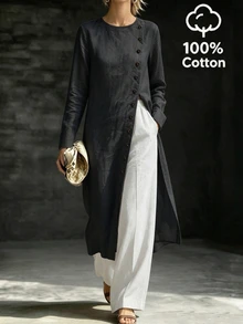 SHEIN Blus Wanita Lengan Panjang dengan Kerah Bulat dan Belahan Depan serta Kancing - Hitam - View 5