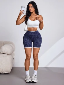 Slayform Seamless High-Waisted Tummy Control Leopard Print Colorblock Sports Shorts - Blue - View 7