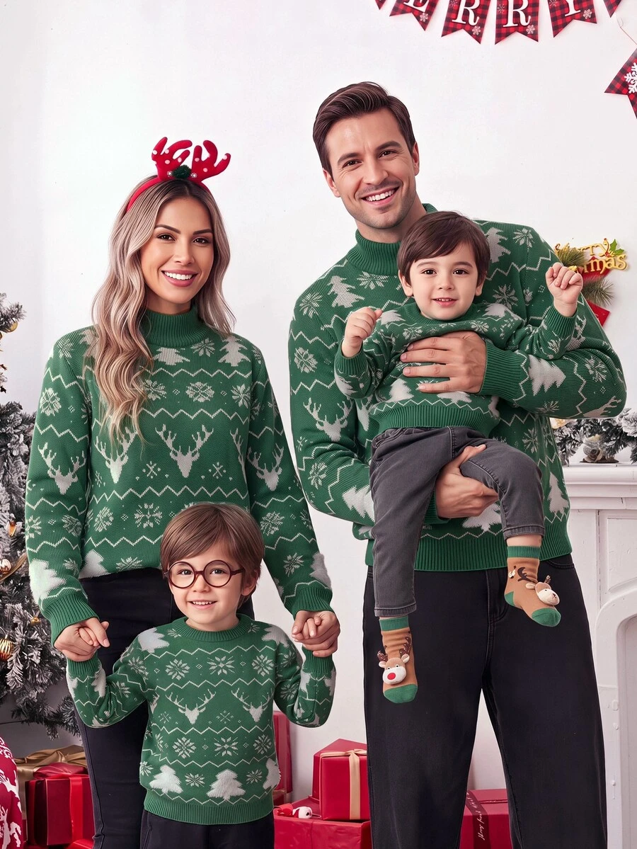 SHEIN Kids Young Boy Christmas Tree Pattern Knitted Soft Crew Neck Long Sleeve Pullover Autumn Sweater - Green - View 1