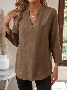 EMERY ROSE Women's Spring All-Over Print Notch Collar 3/4 Sleeve Blouse Work Shirt - Coffee Brown - View 4