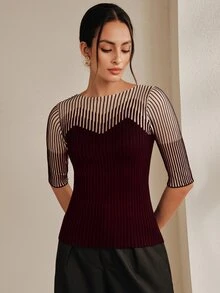 Anewsta French Style Spring/Summer Elegant Sophisticated Sexy Hollow Mesh Fitted Knit T-Shirt - Redwood - View 5