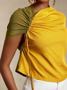 BamGlimmer Atasan Wanita Lengan Panjang Satu Bahu dengan Motif Blok Warna - MultiWarna - View 8