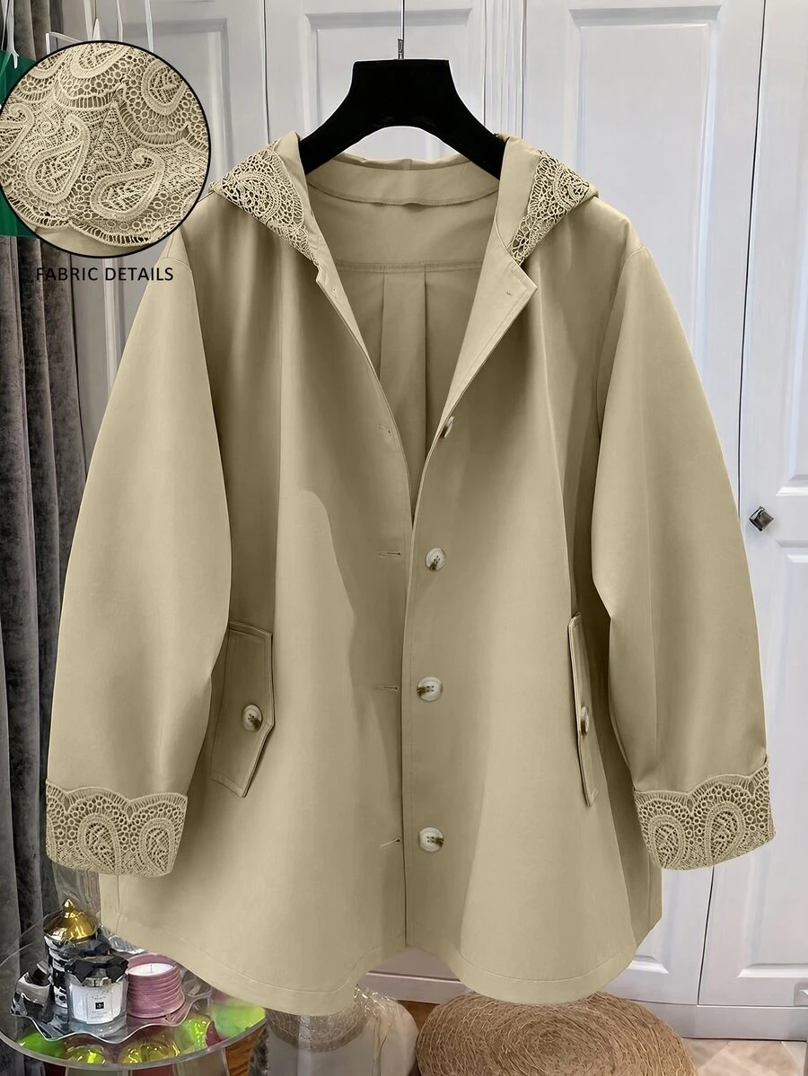 EMERY ROSE Jaket Wanita Kasual Ukuran Besar dengan Detail Renda Kontras Premium yang Serbaguna - Aprikot - View 1