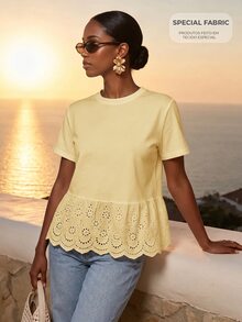 CAJUNI Women's Sweet Lace Patchwork Short Sleeve T-Shirt For Vacation - Pale Yellow - View 4