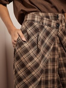 Hauture American Vintage Plaid Cross Double Button Waist Loose Mid-Waist Deconstructed Style Wide Leg Long Pants For Women Autumn/Winter - Brown - View 4