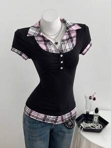Elamini Kaos Wanita 2-in-1 Motif Kotak-kotak Patchwork Kasual Slim Fit Lengan Pendek - Hitam - View 3