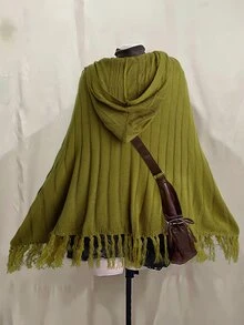 Sunspun Women Plus Size Loose Hooded Knit Cape, Cable Textured Knit Poncho With Button Placket & Fringe Hem, Green Daily Wear Shawl Cardigan - Dark Green - View 2