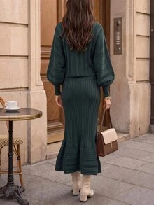 Wandoria Bộ 2 món nữ thu mới gồm chân váy ngắn eo chun và áo len chui đầu dệt kim phong cách quý cô thanh lịch cao cấp kiểu Pháp, eo rút trang trí - xanh quân đội - Xem 6