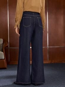 Anewsta Women's Casual Versatile Deep Blue Straight Leg Denim Jeans With Pockets - Blue - View 7