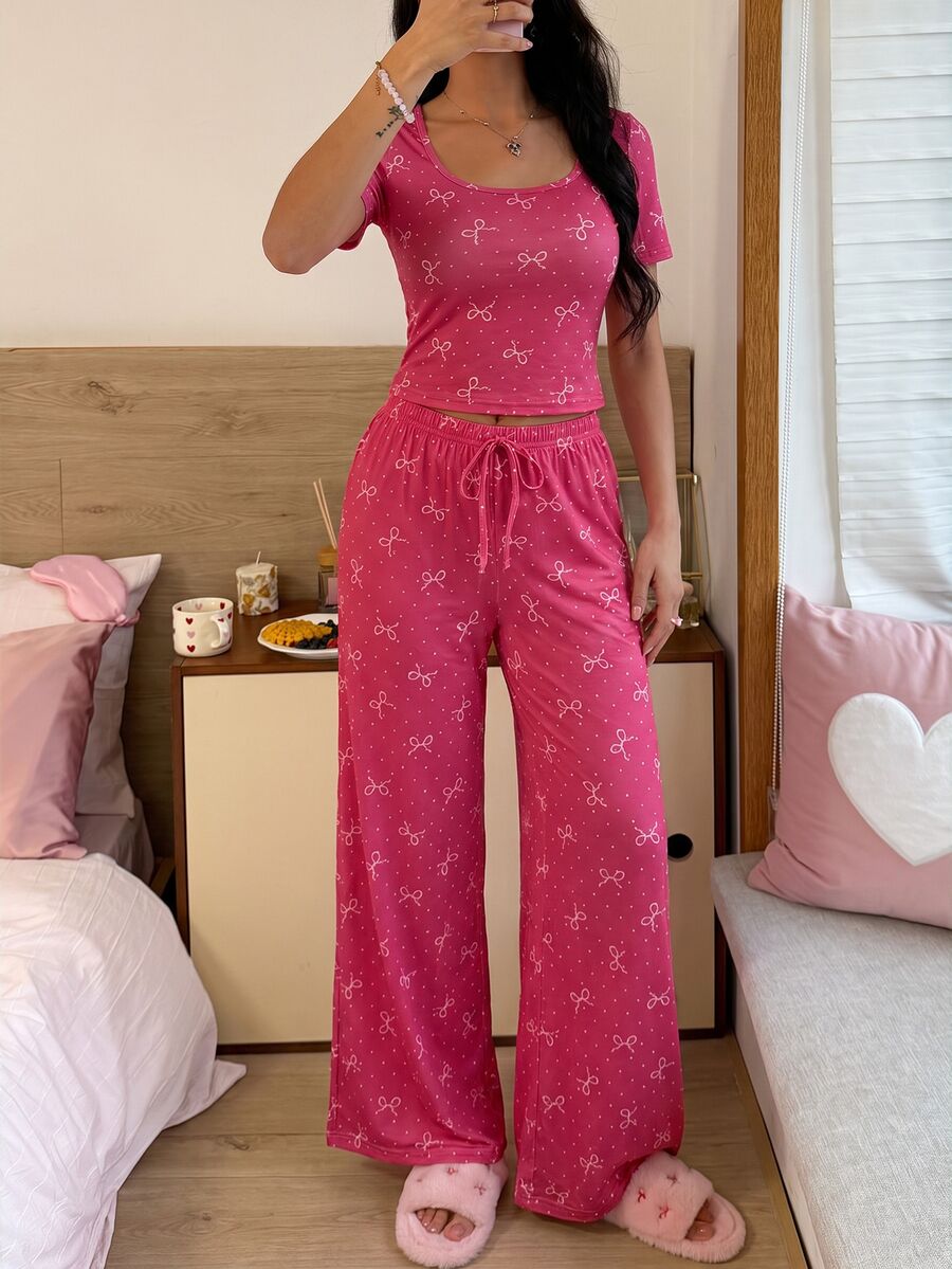 SweetSlumber 甜美 Ins 風蝴蝶結女款針織睡衣套裝 - 玫紅色 - 查看 1