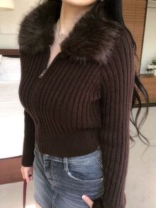 DAZY Women's Autumn/Winter Fur Collar Patchwork Open Front Short Sweater - Brown - View 6