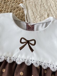 Souflis Souflis 幼女燈芯絨波點洋裝，蕾絲飾邊水手領蝴蝶結燈籠長袖A字秋季洋裝 - 棕色 - 查看 3