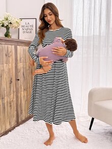 Slowluna 女款條紋拼接百褶哺乳休閒日常洋裝內衣套裝內褲睡衣睡裙家居服睡袍長袖 - 黑與白 - 查看 11