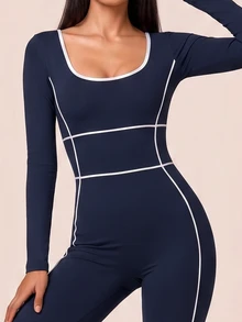 SHEIN BAE Women's Piped Long Sleeve Daily Fitness Sports Jumpsuit - Navy Blue - View 4