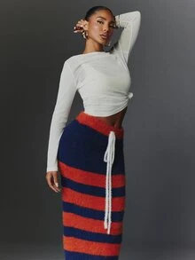NYA SZN Knit Skirt Maxi Stripe Tie Front Athletic Holiday Festival Special Occasion Everyday Casual Work Concert Going Out Club Cozy Party Blue Fall Winter - Multicolor - View 5