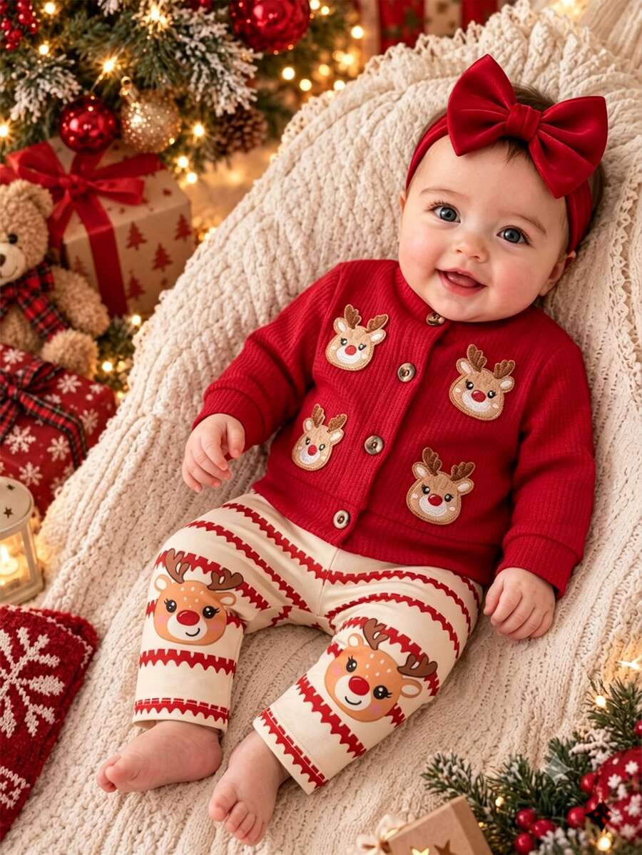 SHEIN Newborn 2pcs Set Multi Color Christmas Round Neck Long Sleeve Regular Loose With Buttons, Cute Fall Winter - Multicolor - View 1