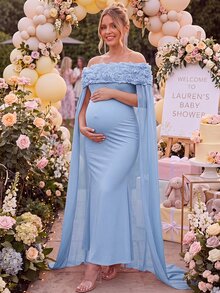 Loomaby Maternity 3D Floral Decor Off-Shoulder Elegant Party Dress - Blue - View 2