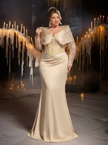 Glamrae Plus Size Elegant Glamorous Fashion Champagne Sequin Embroidered Color Block Satin Fabric Long Sleeve Exaggerated Shoulder Design Flattering Ruched Mermaid Long Dress Suitable For Wedding Events, Bachelorette Parties, Proms - Champagne - View 3