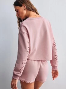 Willow Rêve Women's Pink Hollow Embroidery Long Sleeve Sweatshirt And Shorts 2 Pieces Set, Casual Style, Romantic Style, Valentine's Day - Pink - View 2