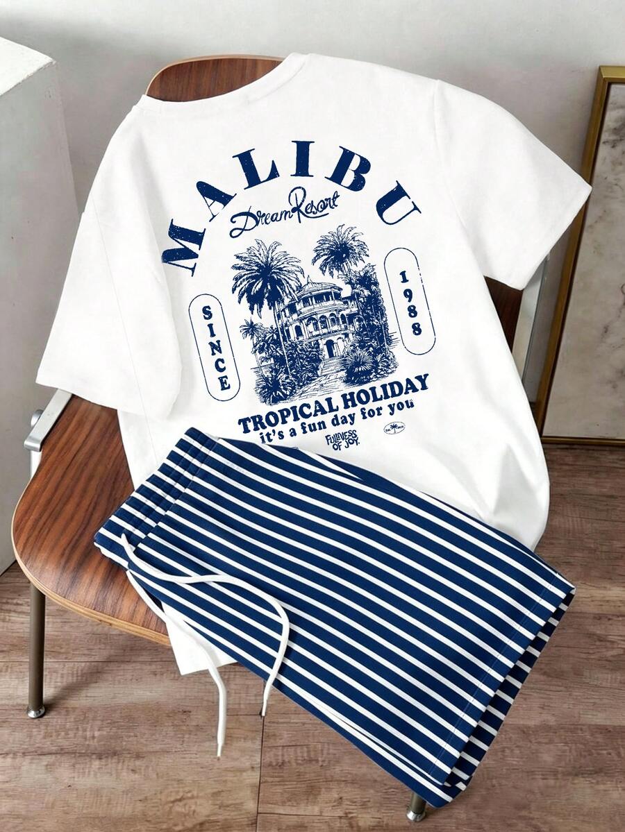 Daypath Plus Size Men's Malibu Dream Resort Print T-Shirt Set, Suitable For Outings, Vacations, Dates - Blue - View 1