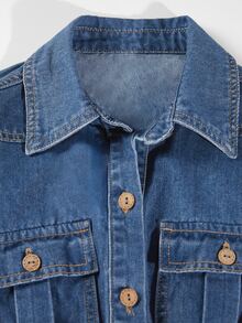 Balvessa Women's Single-Breasted Denim Jacket With Pockets, Cinched Waist, Long Sleeve, Fashionable - Blue - View 3