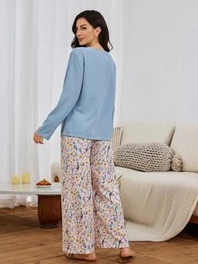 Serenescape Vacation Style Solid Color V-Neck Long Sleeve Ditsy Floral Loose Casual Women's Pajama Set - Blue - View 3