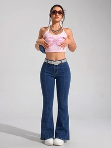 SHEIN PETITE 女款極簡日常時尚牛仔喇叭褲 - 深色水洗藍 - 查看 3