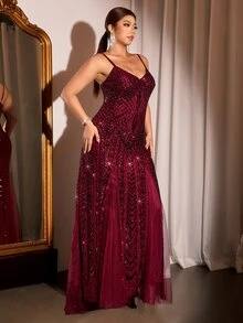Cravure Đầm dạ tiệc size lớn đính sequin đuôi nàng tiên cá dây vai mảnh cho tiệc tùng - Màu Đỏ Sâu - Xem 7