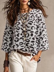 LUMIGAL Autumn/Winter European & American Loose High Neck Minimalist Casual Solid Color Pullover Knit Top - Brown - View 2