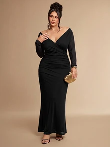 SHEIN BAE CURVE Plus Size Women's Multi-Color Ruffle Ruched Cup Spaghetti Strap Dress, Elegant Beach Vacation Dress - Black - View 3