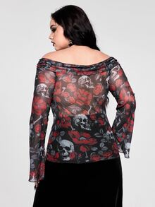 ROMWE Plus Size Women's Off-Shoulder Cold Shoulder Gothic Rose Skull Print Sexy Top - Red and Black - View 3