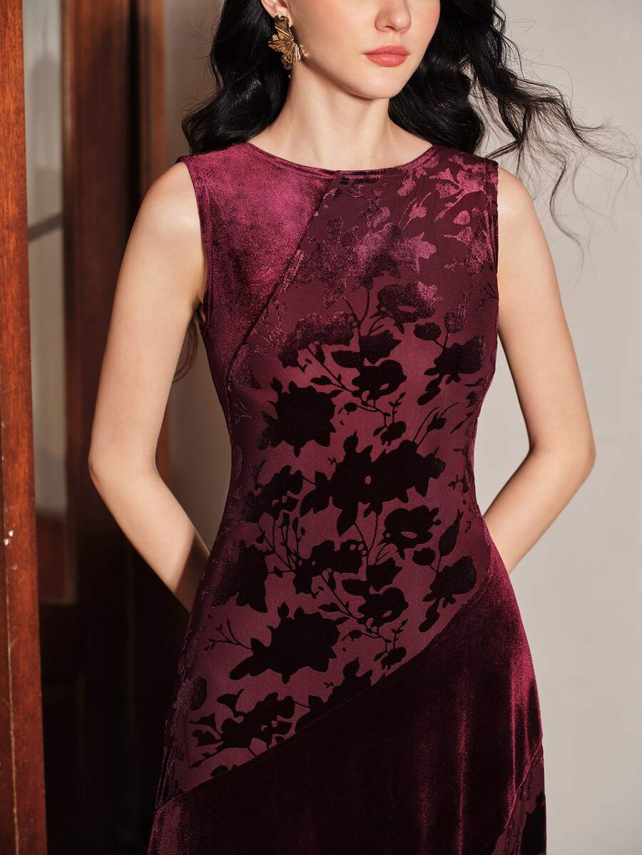 Anewsta Women's Mid-Length Patchwork Velvet Dress, Elegant Holiday Wear, Christmas Dress - Dark Red - View 1