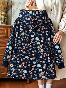 SHEIN 女童連帽加厚抓絨復古碎花中長版秋冬外套 - 藏蓝色 - 查看 2