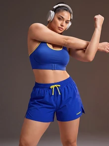 Powerista شورت رياضي نسائي مقاس كبير بألوان أصفر وأزرق بتصميم كتل لونية - أزرق غامق - مشاهدة 7