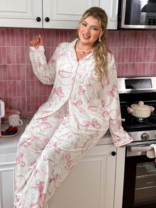 Slumberry CURVE Plus Size Bow Print Long Sleeve Top And Pants Pajama Set - Multicolor - View 4
